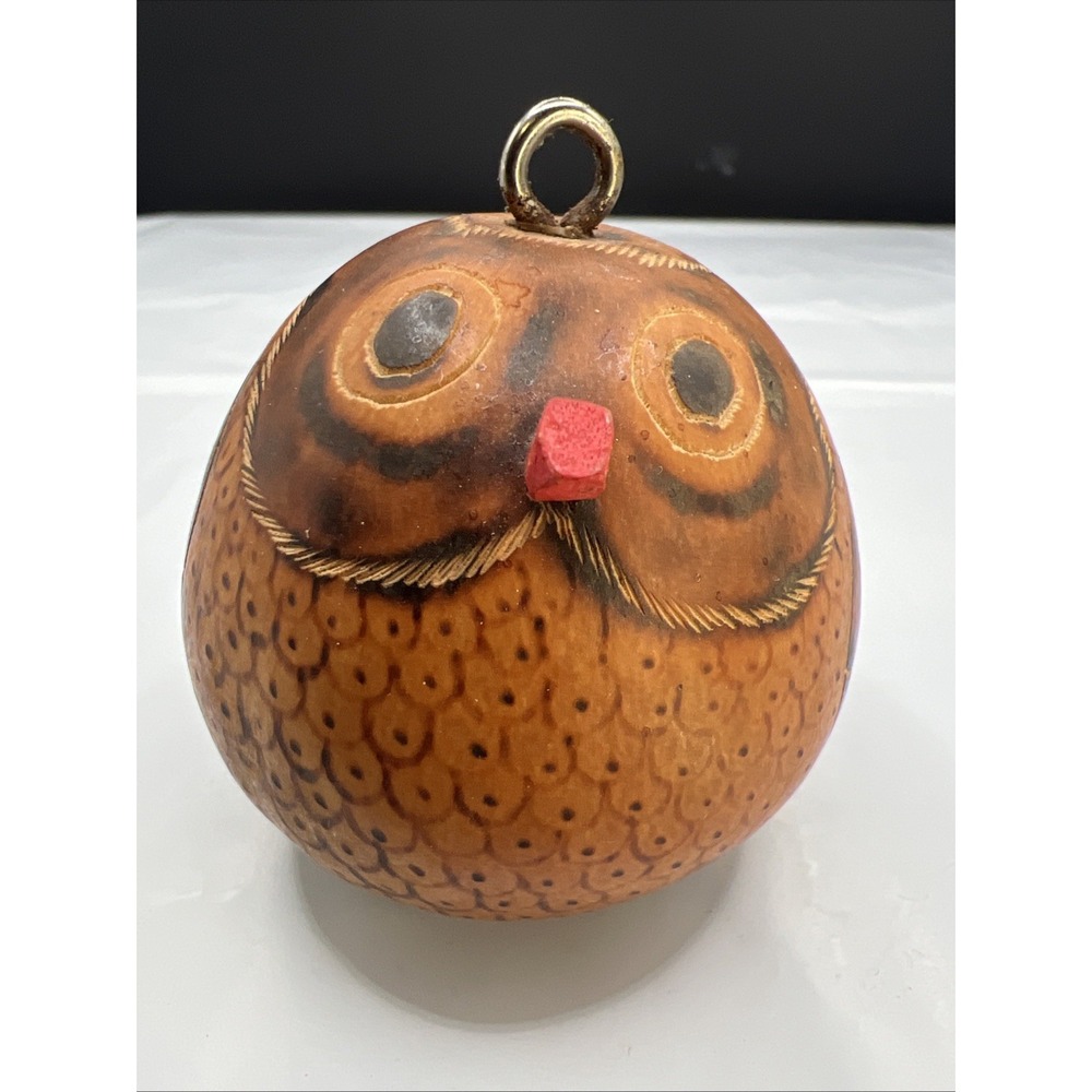 Peruvian Folk Art Hand Carved Gourd Owl Ornament Hanging Pyrography Etched Peru